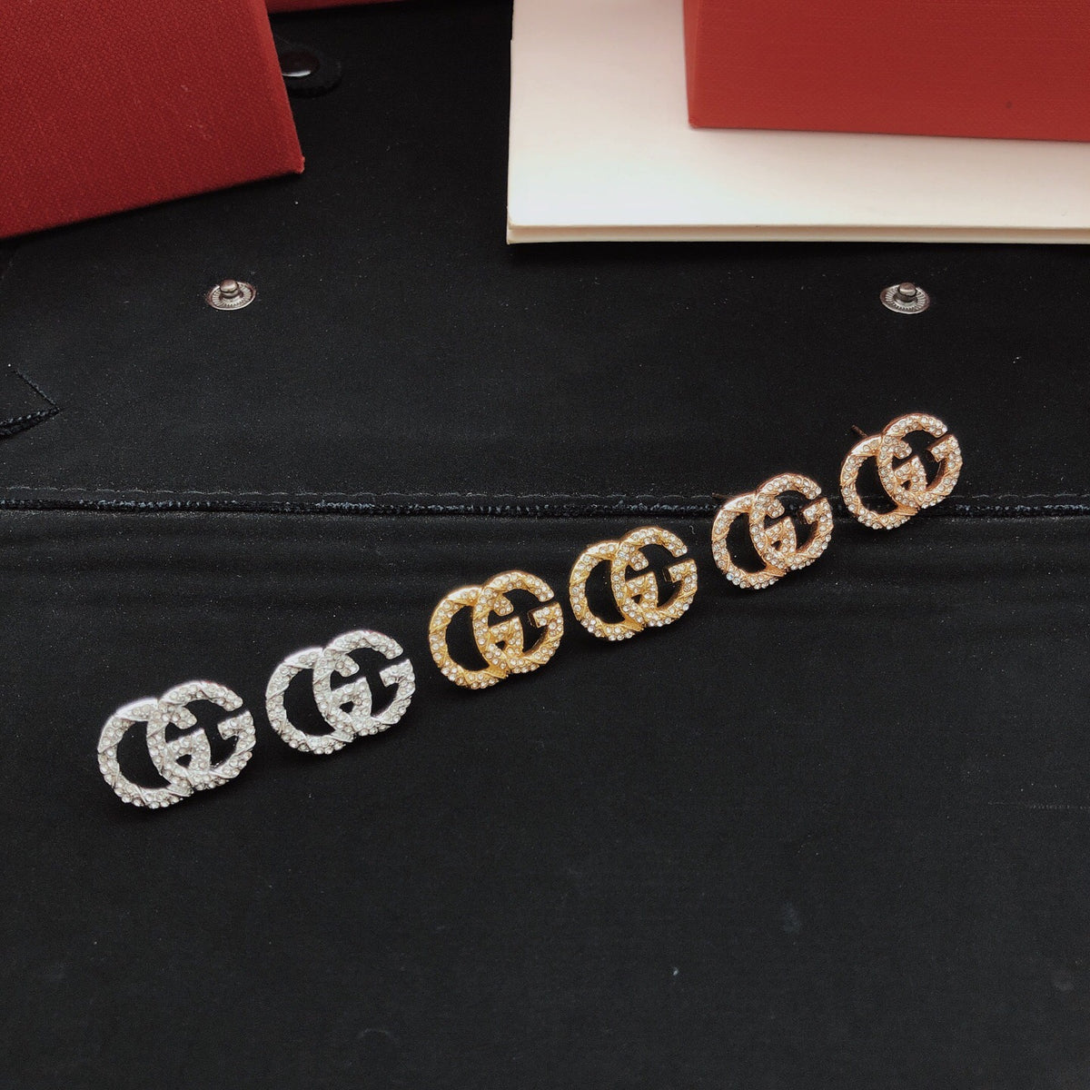 Floral Stud Earrings in Gold-Tone – Red Detail detail view