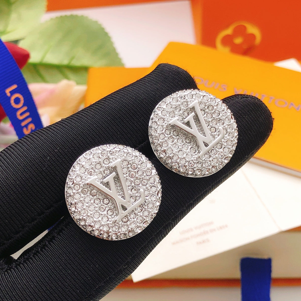 Round Stud Earrings in Silver-Tone – Silver Detail – Design 006 front product view