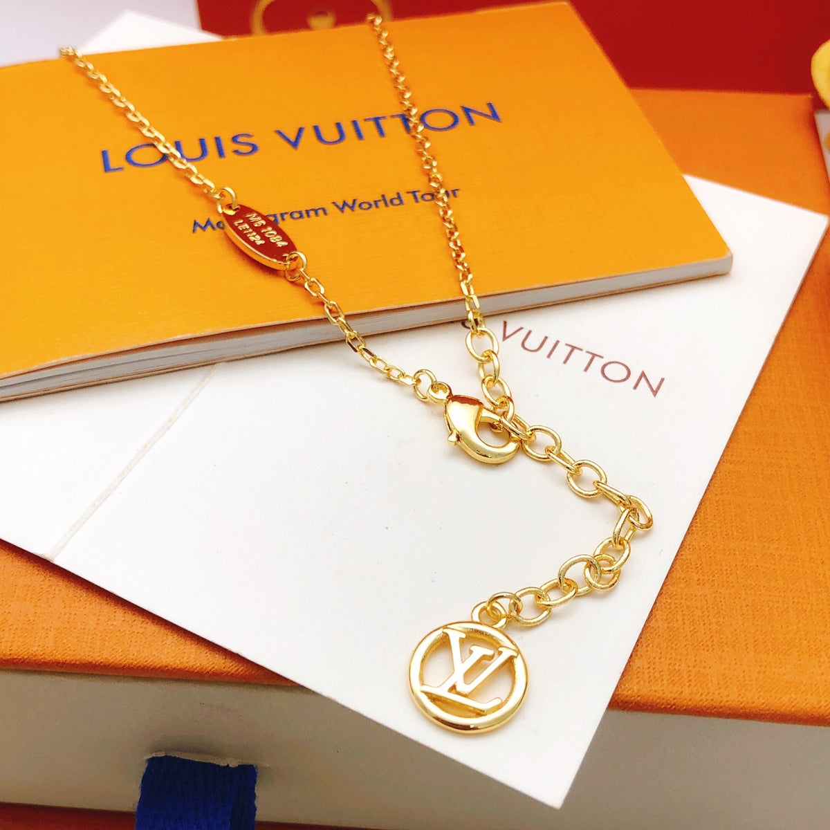 Geometric Emblem Pendant Necklace in Gold-Tone – Design 036 front product view