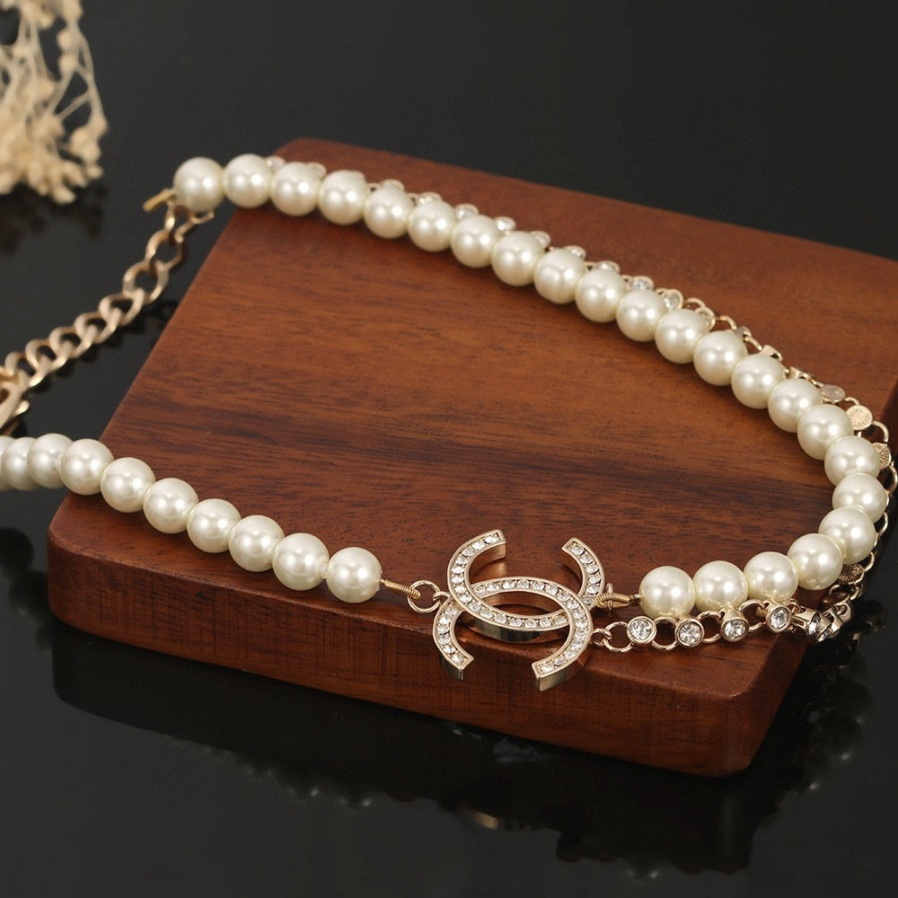 Double-C Emblem Pearl-Detail Pendant Necklace – Pearl Detail – Design 113 main product view