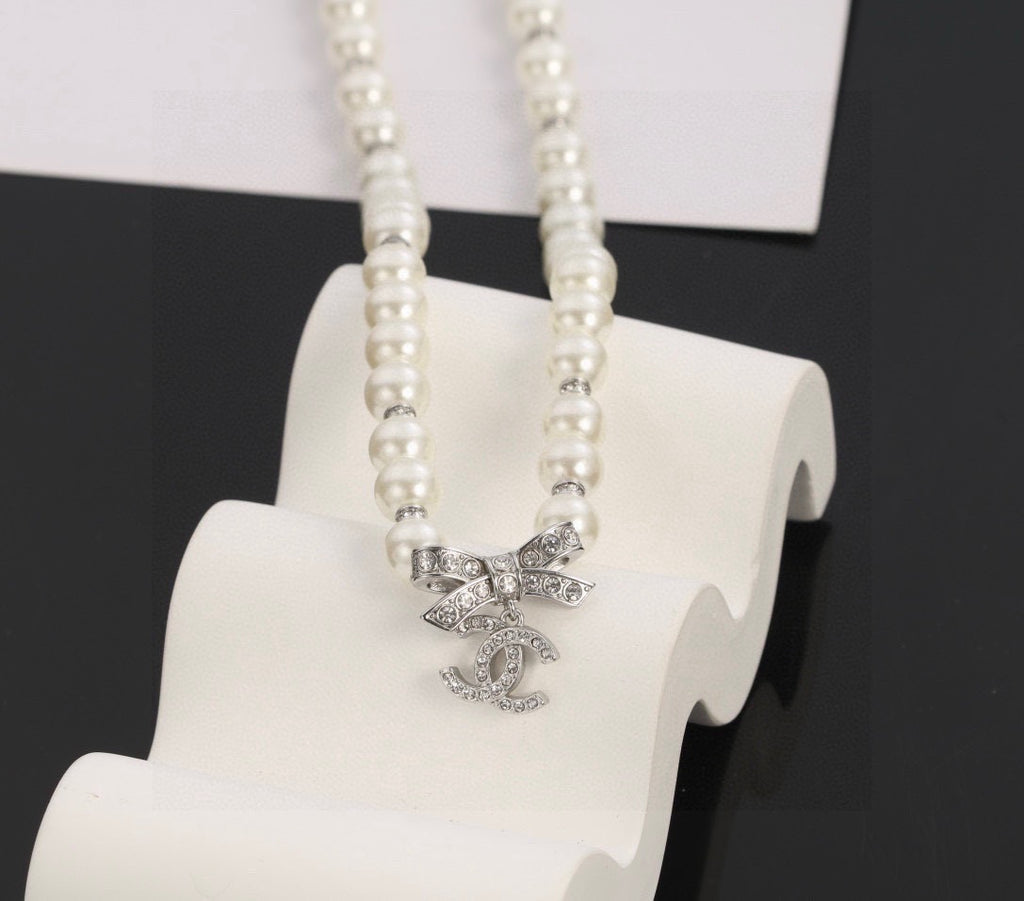 Bow Pearl-Detail Pendant Necklace – Pearl Detail – Design 003 main product view