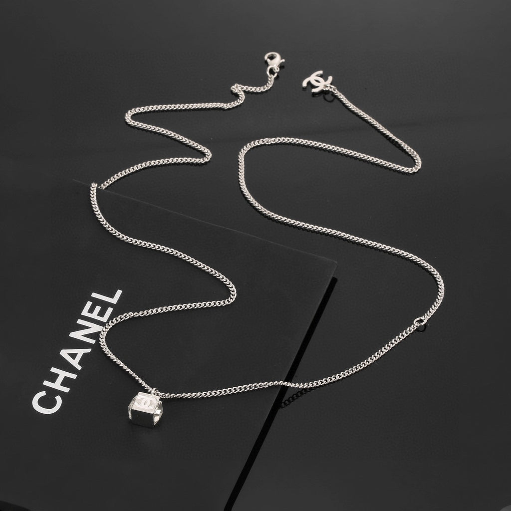 Square Pendant Necklace in Polished Metal-Tone – White Detail – Design 002 detail view