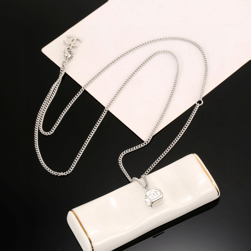 Square Pendant Necklace in Polished Metal-Tone – White Detail styled product view