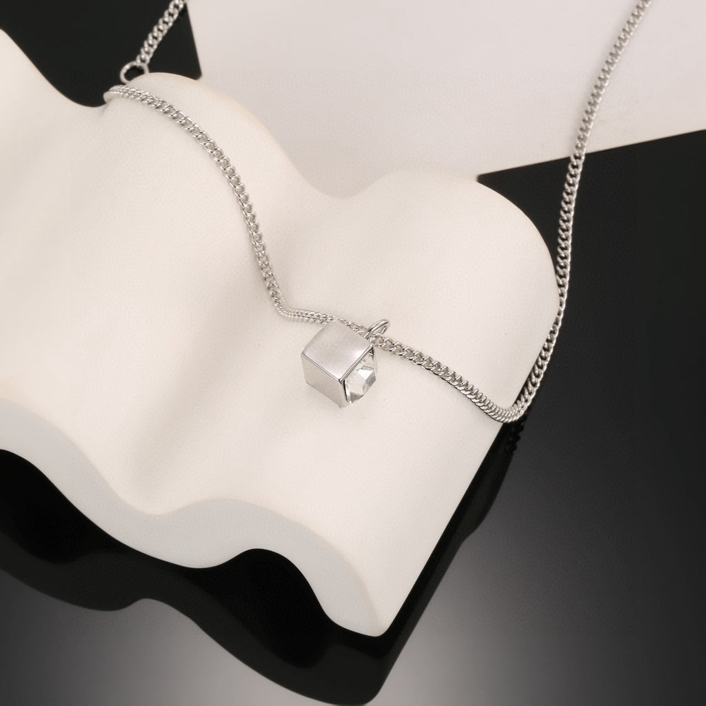 Square Pendant Necklace in Polished Metal-Tone – White Detail – Design 002 main product view