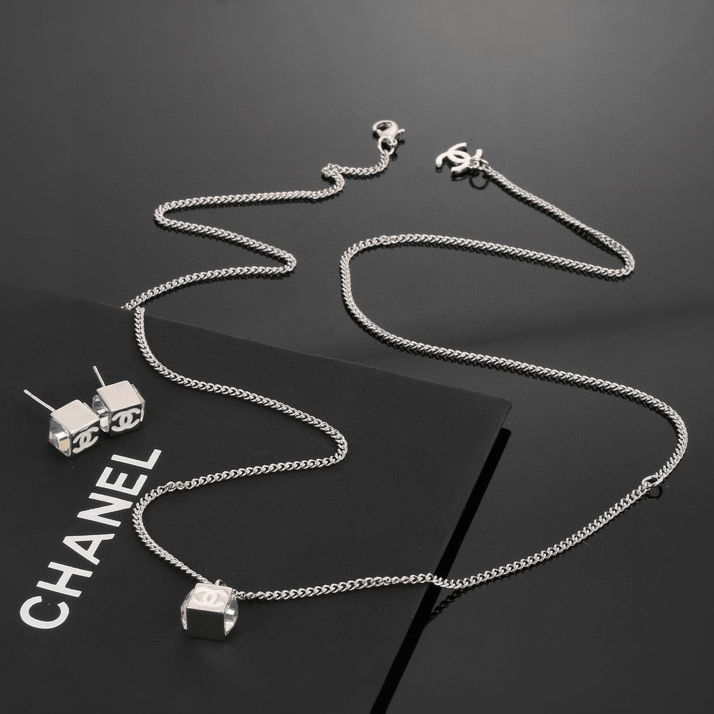 Square Pendant Necklace in Polished Metal-Tone – White Detail – Design 002 main product view