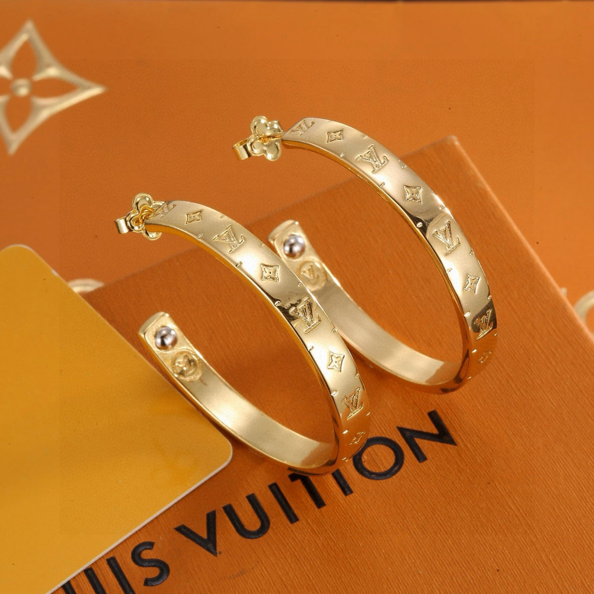 Letter Emblem Stud Earrings in Polished Metal-Tone – Design 014 front product view