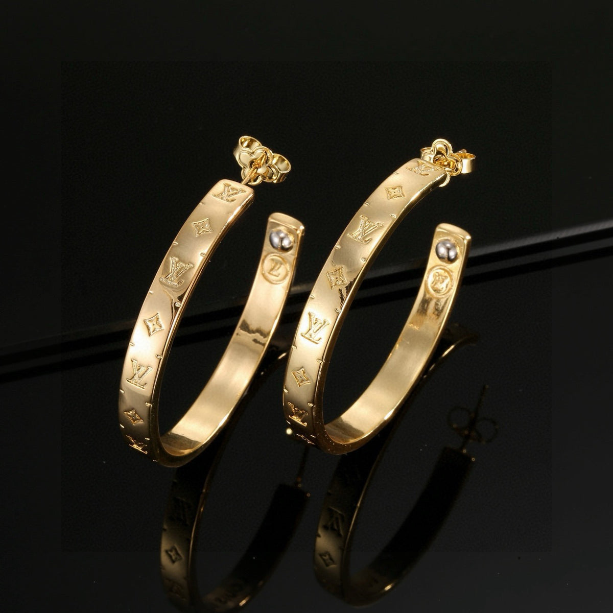 Letter Emblem Stud Earrings in Polished Metal-Tone – Design 037 styled product view