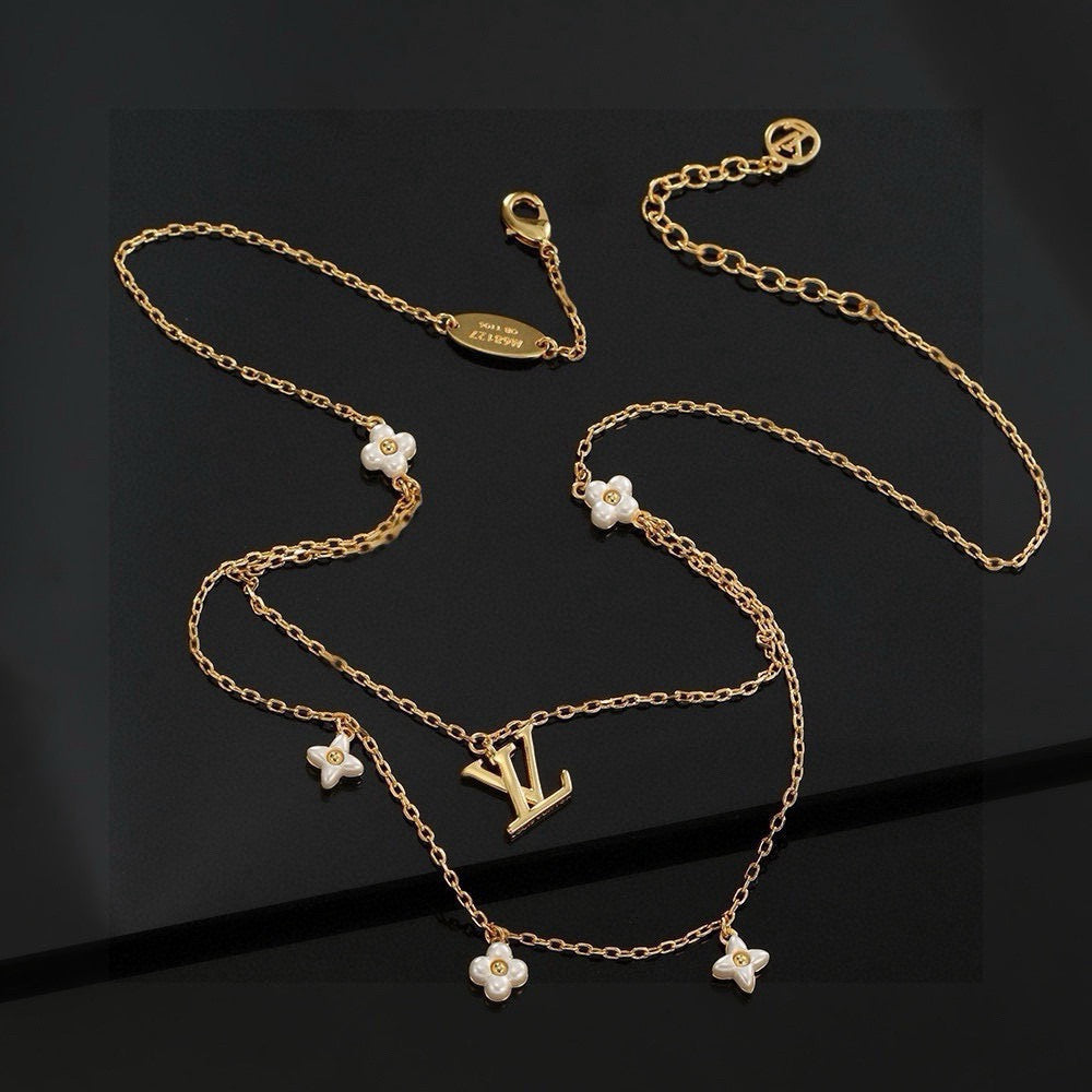 Letter Emblem Pendant Necklace in Polished Metal-Tone – Design 029 front product view