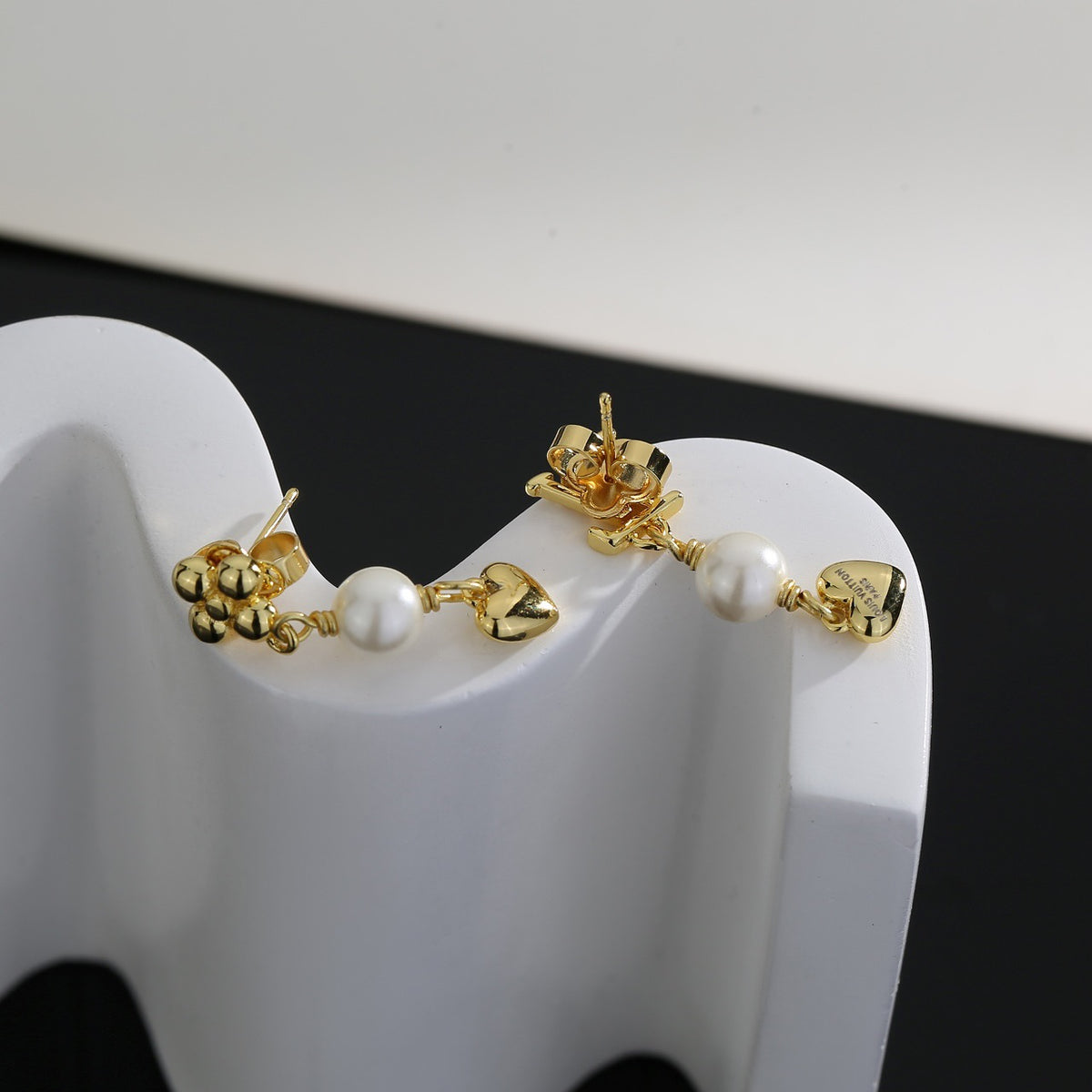 Letter Emblem Stud Earrings in Polished Metal-Tone – Design 036 close-up detail
