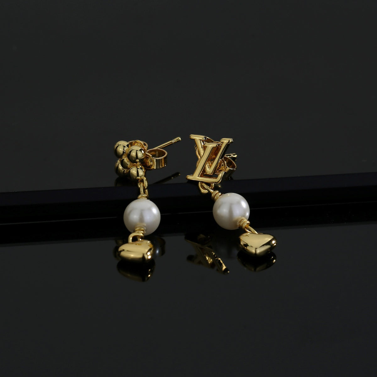 Letter Emblem Stud Earrings in Polished Metal-Tone – Design 013 front product view