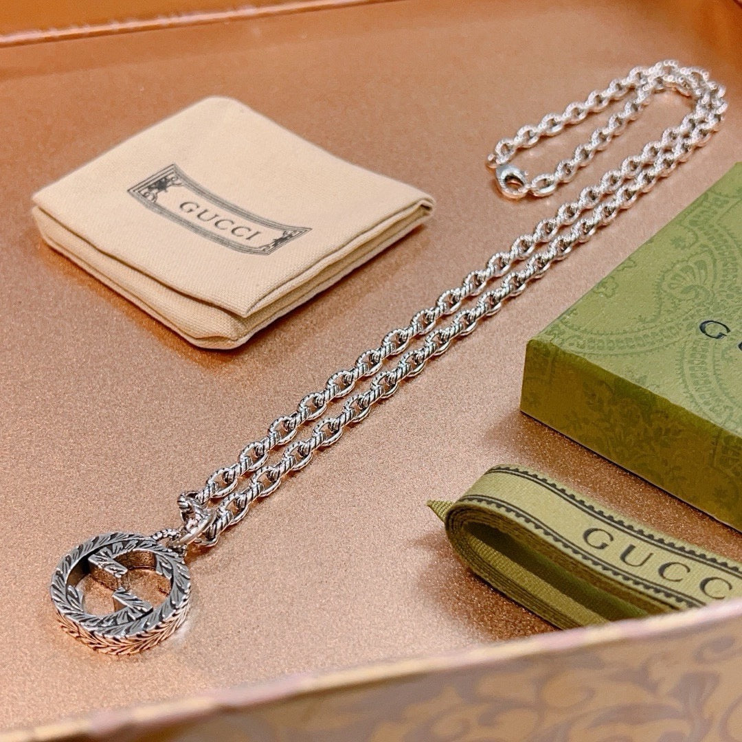 Double-G Emblem Pendant Necklace in Polished Metal-Tone – Design 098 main product view