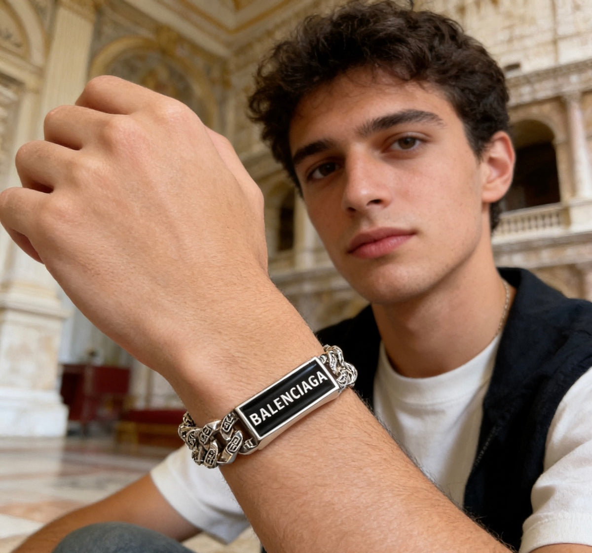 Geometric Emblem Bracelet in Polished Metal-Tone – Design 037 close-up detail