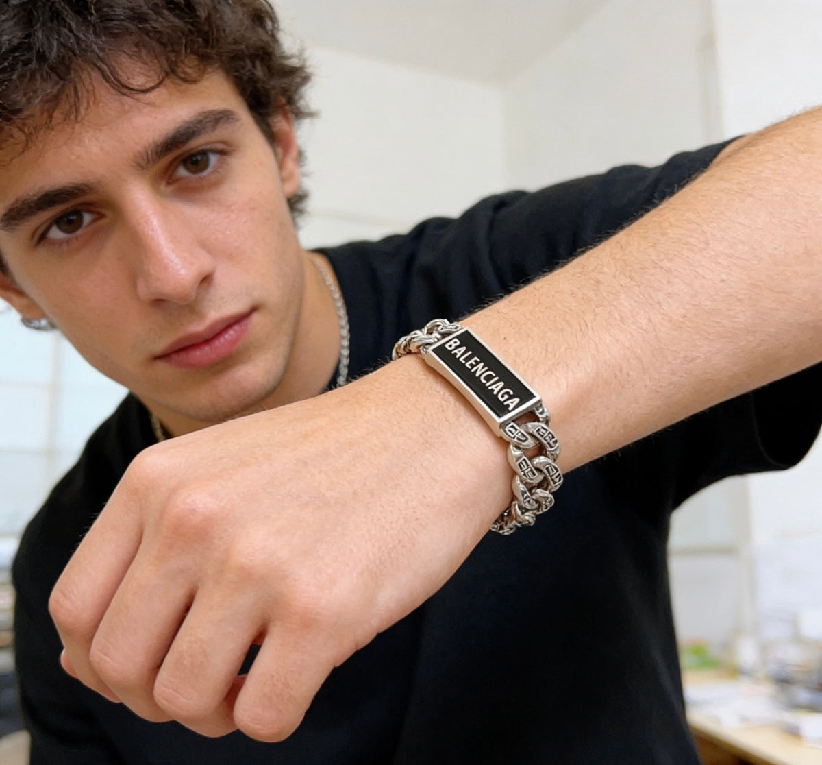Geometric Emblem Bracelet in Polished Metal-Tone – Design 062 detail view