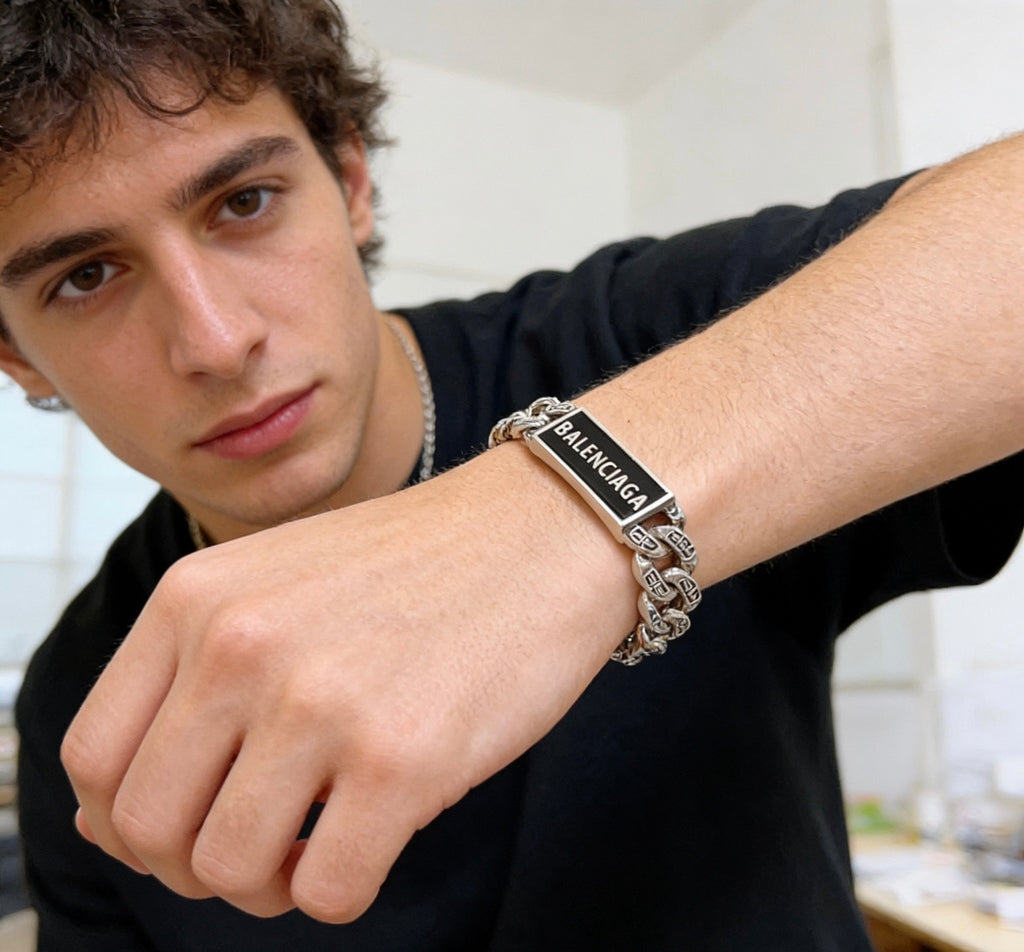 Geometric Emblem Bracelet in Polished Metal-Tone – Design 064 detail view