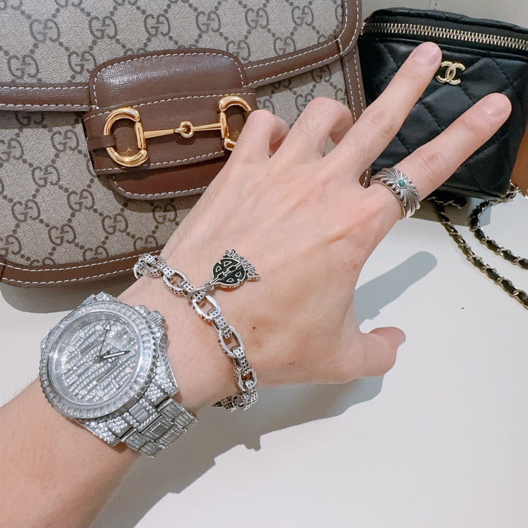 Geometric Emblem Bracelet in Polished Metal-Tone – Design 061 detail view