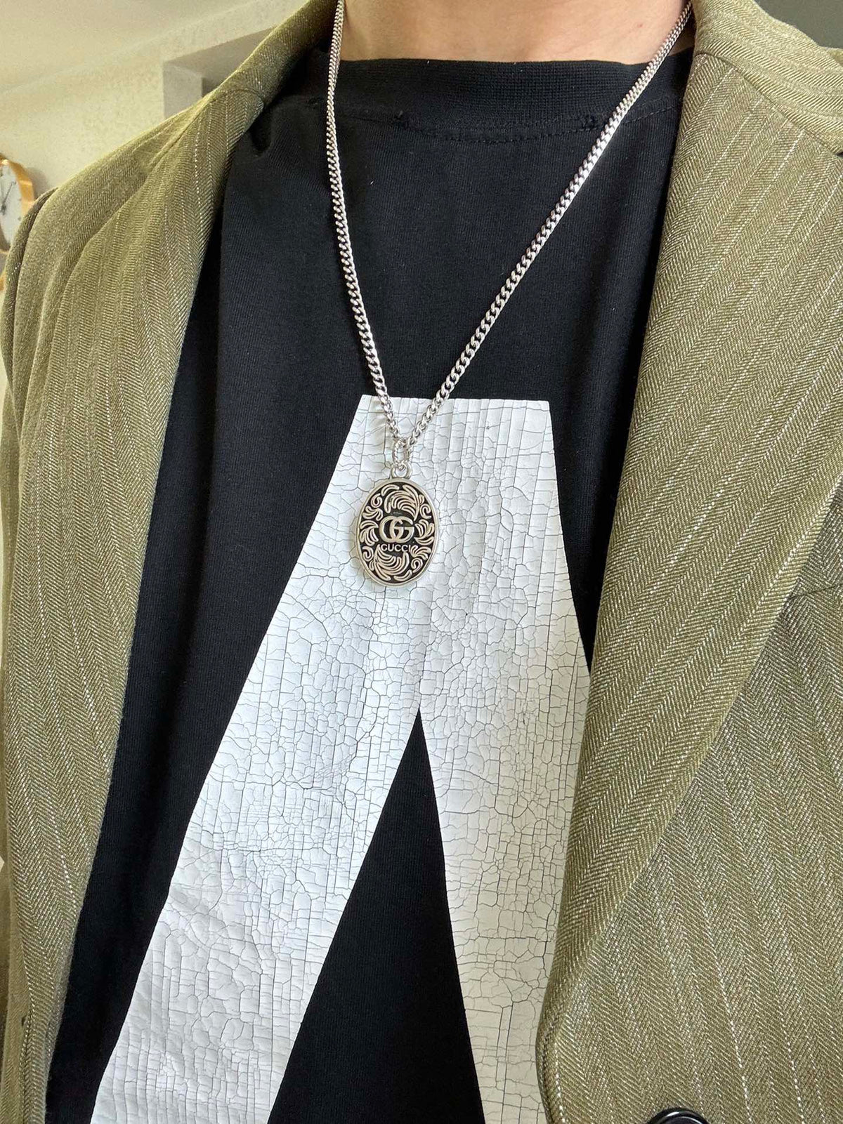 Double-G Emblem Pendant Necklace in Polished Metal-Tone – Design 093 styled product view