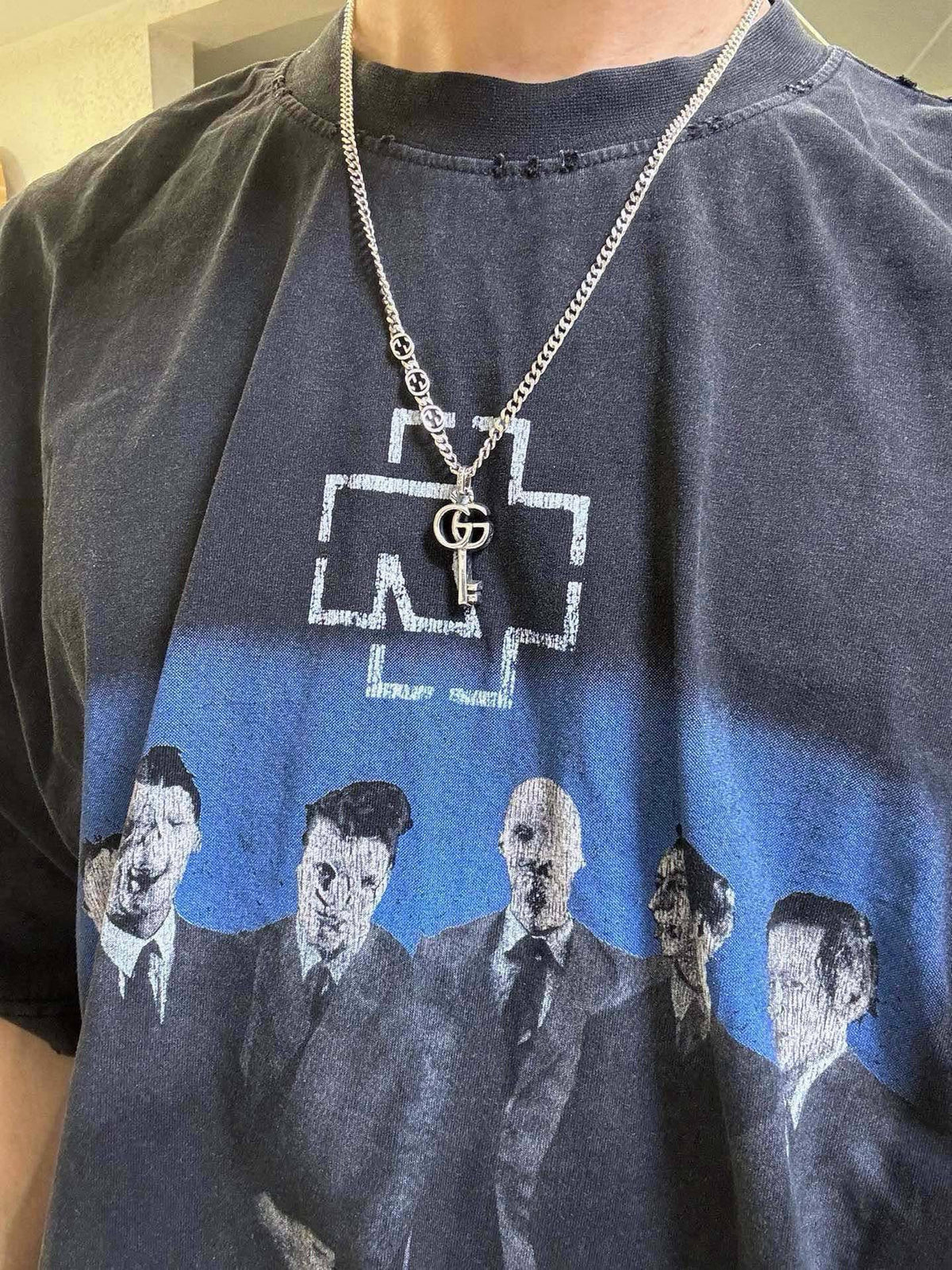 Double-G Emblem Pendant Necklace in Polished Metal-Tone – Vintage Detail – Design 058 styled product view