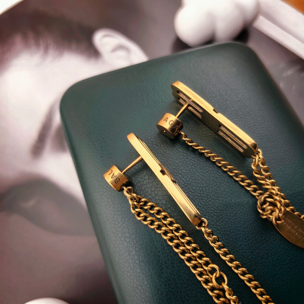 Geometric Emblem Stud Earrings in Gold-Tone – Design 011 detail view
