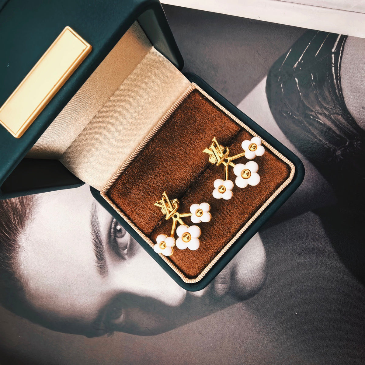 Geometric Emblem Stud Earrings in Polished Metal-Tone – Design 041 close-up detail