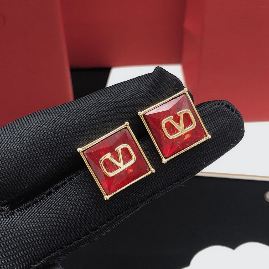 Signature Emblem Stud Earrings in Polished Metal-Tone – Red – Design 02 side detail