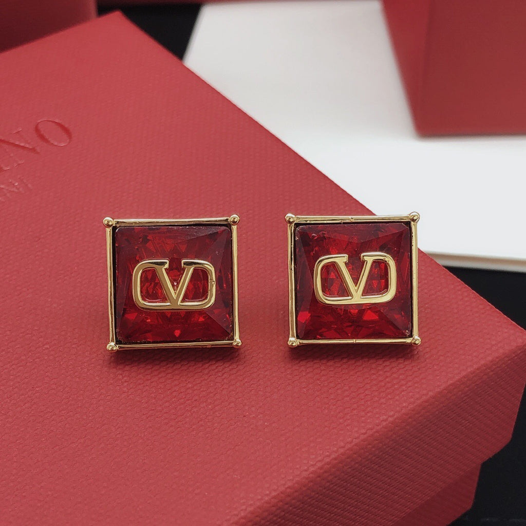 Signature Emblem Stud Earrings in Polished Metal-Tone – Red – Design 02 main product view