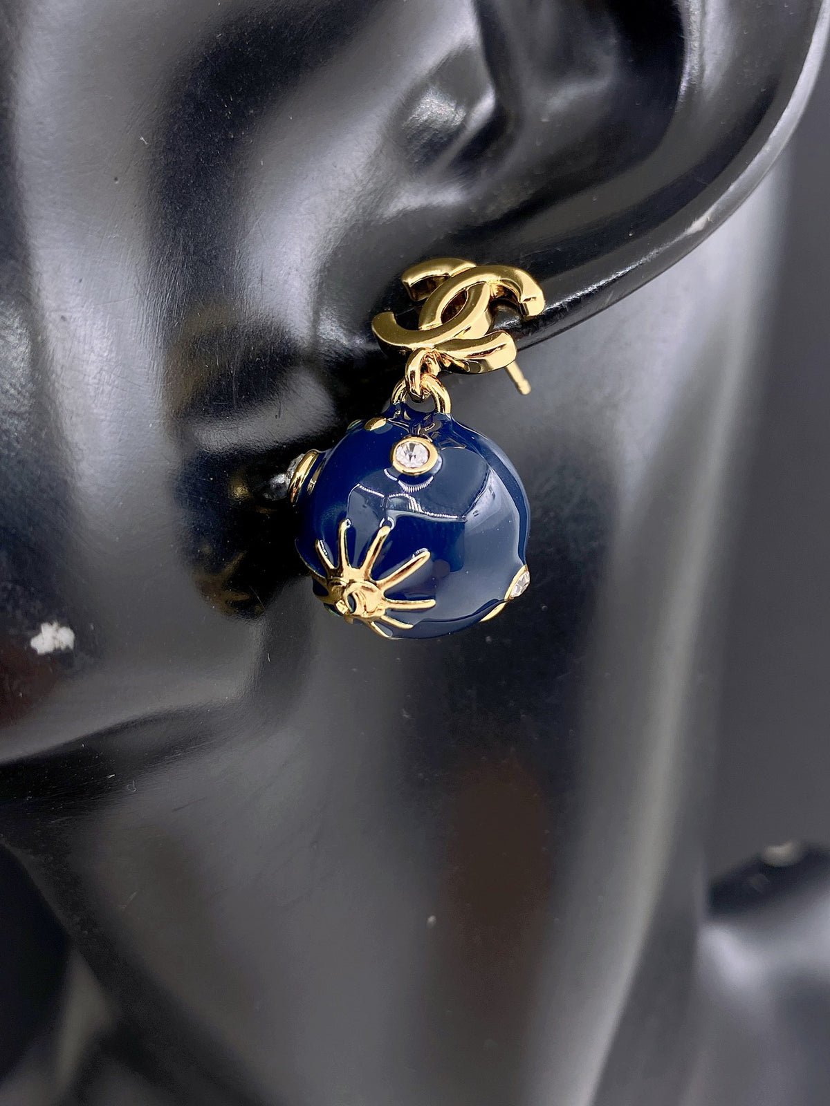 Signature Emblem Statement Earrings in Gold-Tone – Blue Detail – Design 005 front product view