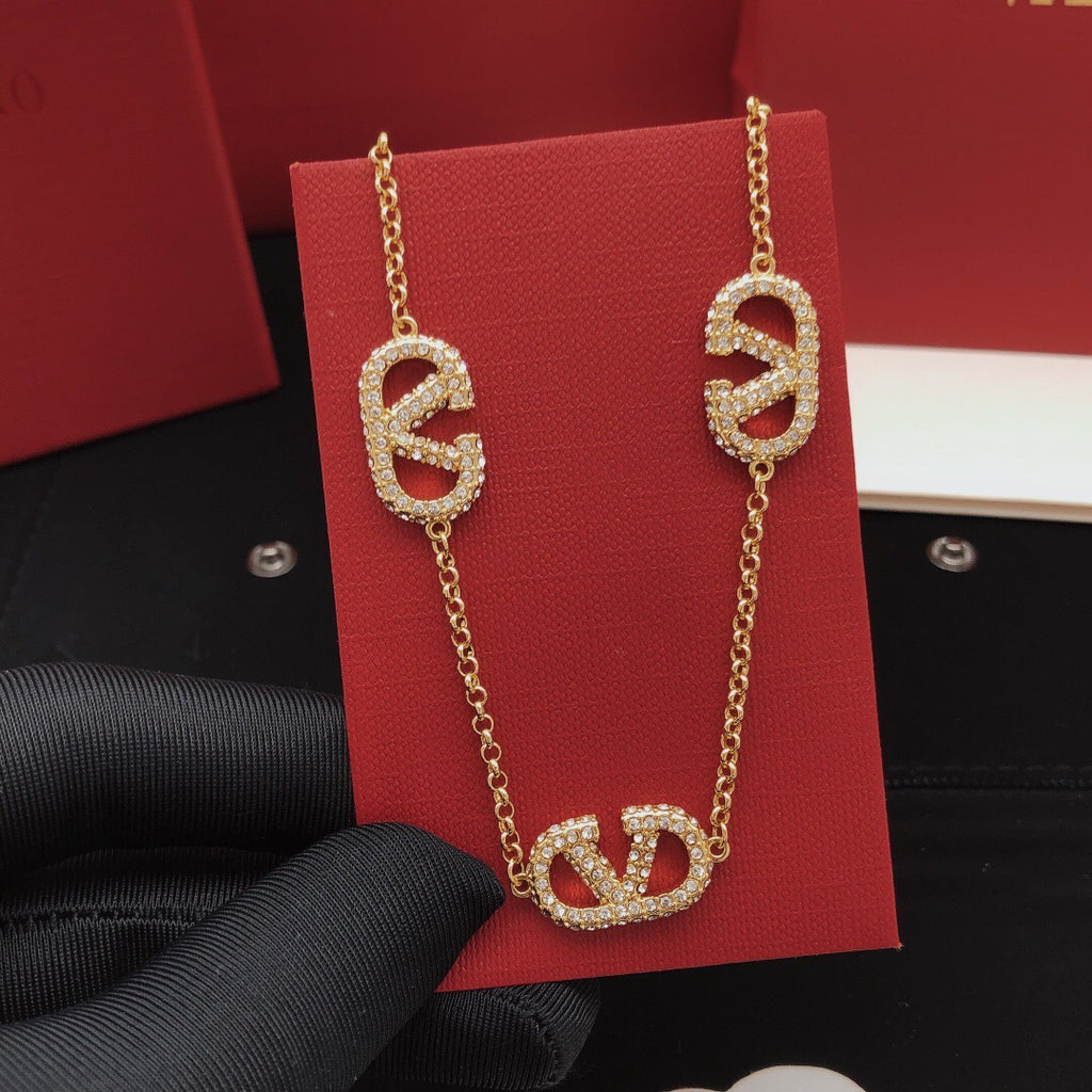 V Emblem Crystal-Accent Pendant Necklace – Design 02 detail view