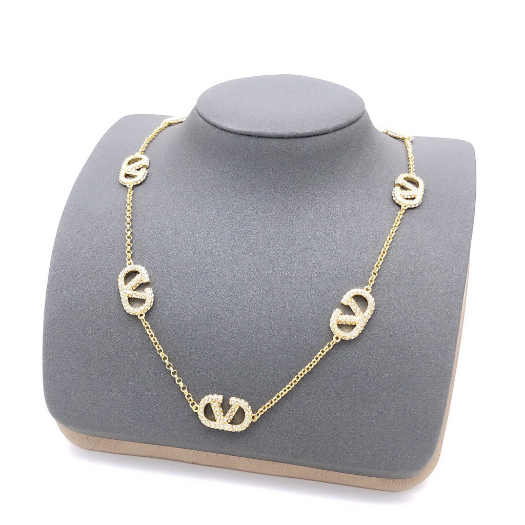 V Emblem Crystal-Accent Pendant Necklace – Design 02 styled detail