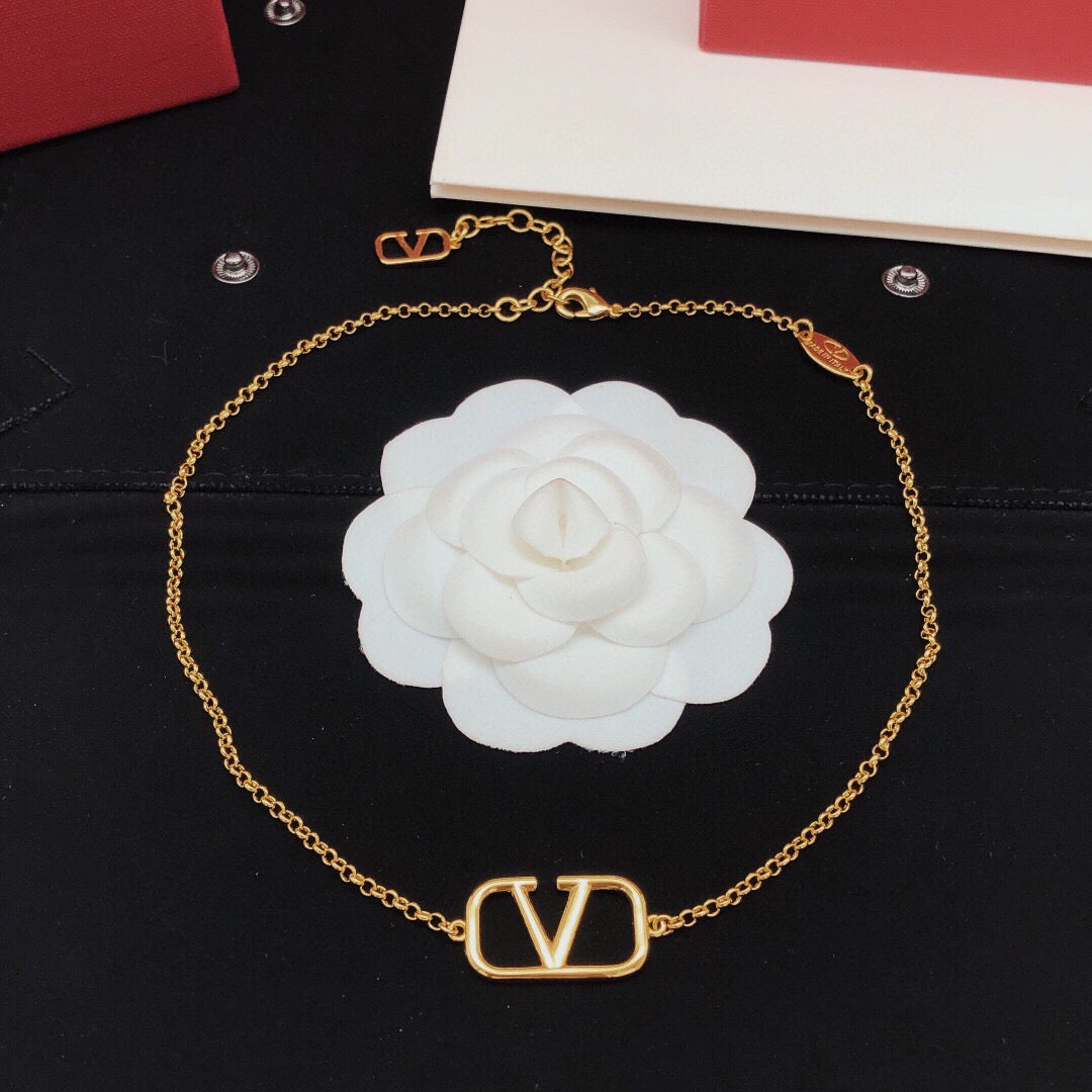 V Emblem Pendant Necklace in Gold-Tone – Design 01 close-up view