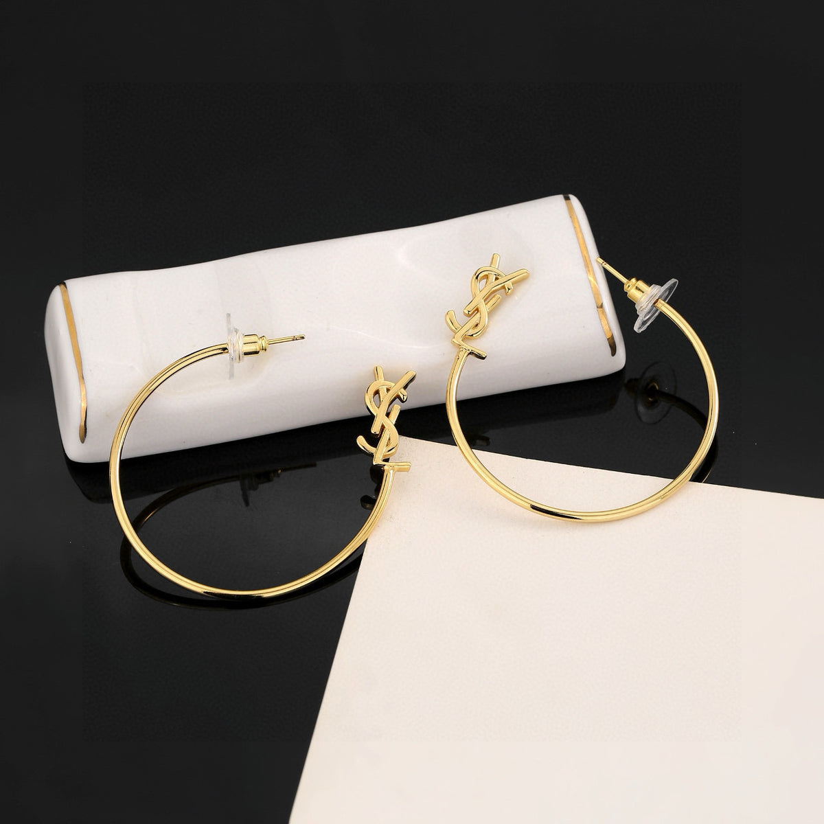 Geometric Emblem Stud Earrings in Polished Metal-Tone – Design 004 close-up detail