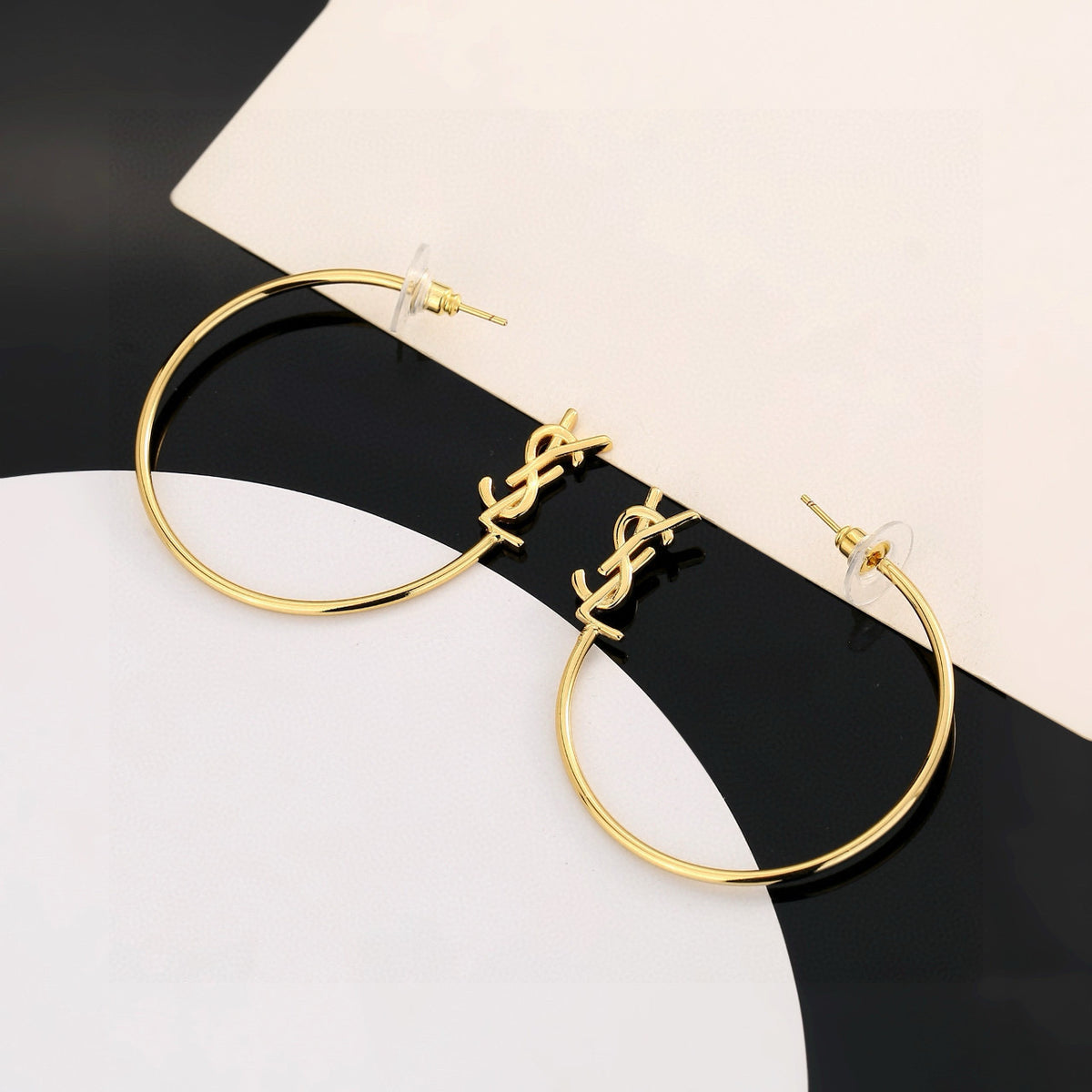 Geometric Emblem Stud Earrings in Polished Metal-Tone – Design 004 front product view