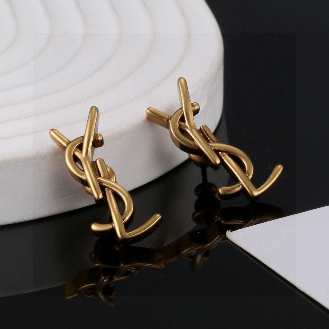 Geometric Emblem Stud Earrings in Gold-Tone – Design 003 detail view