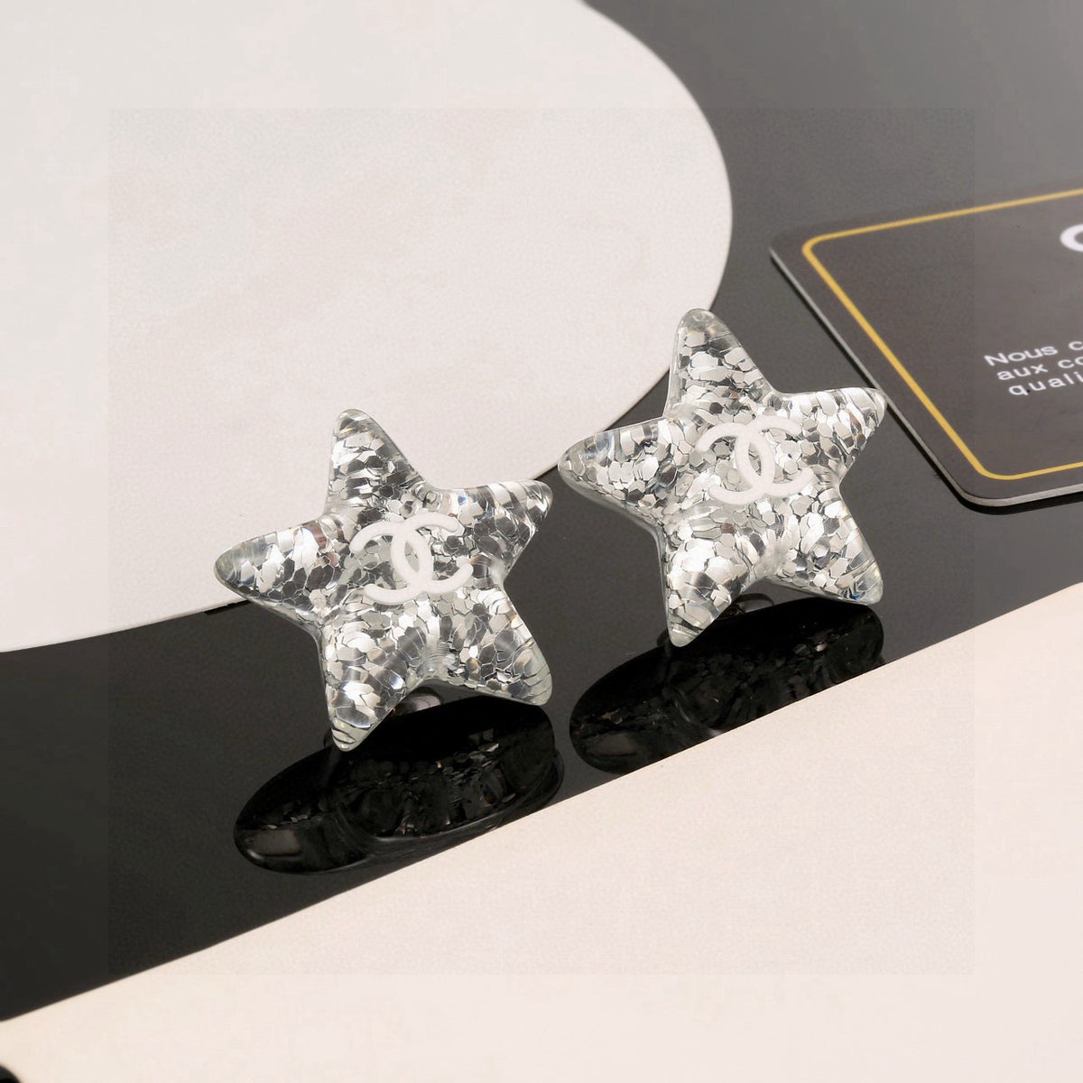 Double-C Emblem Stud Earrings in Silver-Tone – Star Detail – Design 005 side detail