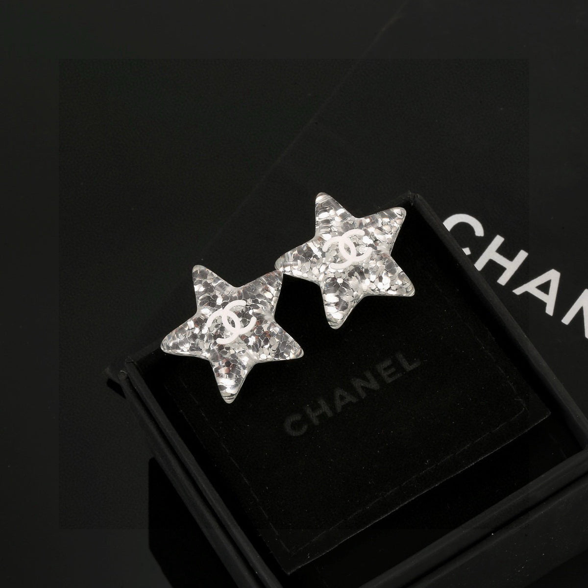 Double-C Emblem Stud Earrings in Silver-Tone – Star Detail – Design 005 main product view