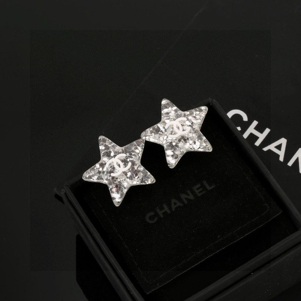 Double-C Emblem Stud Earrings in Silver-Tone – Star Detail – Design 006 main product view