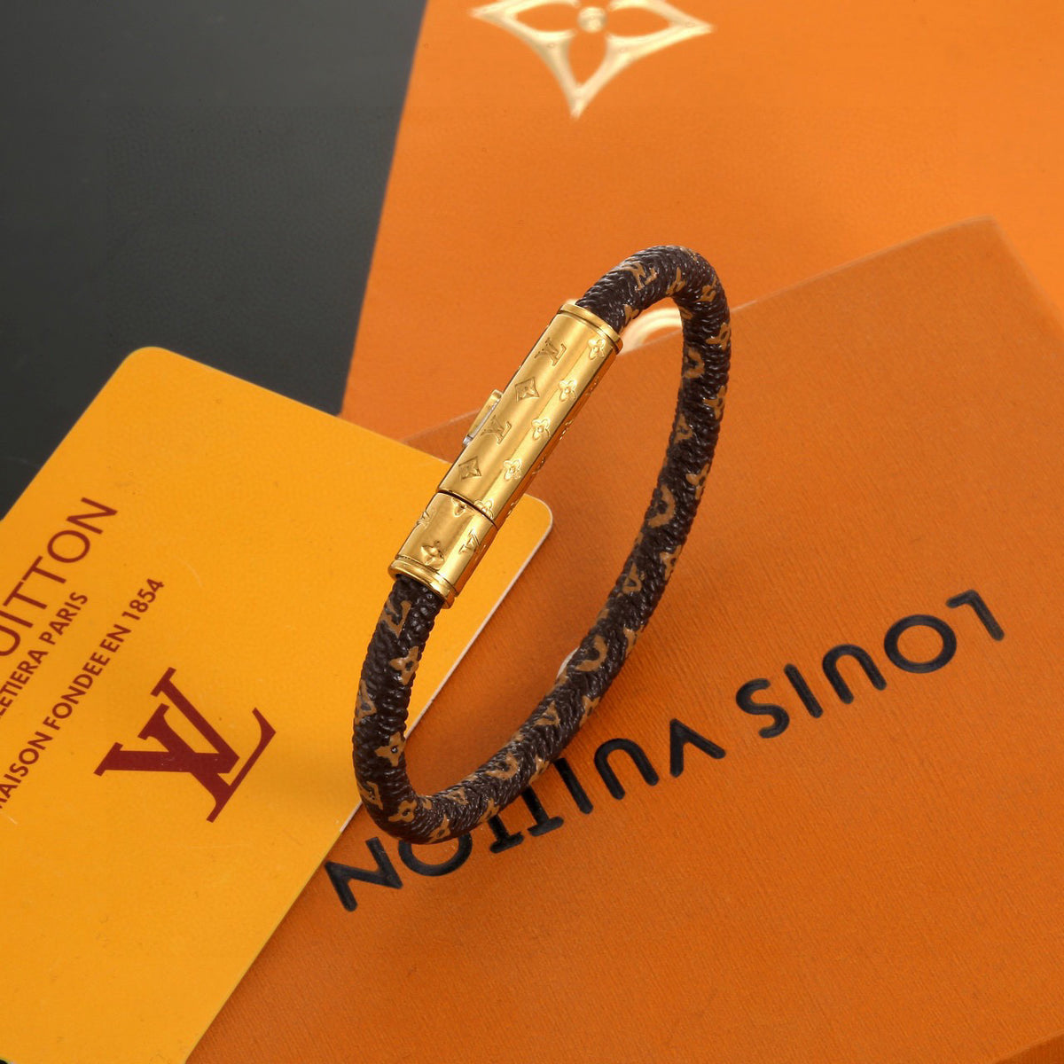 Geometric Emblem Leather-Detail Bracelet – Leather Detail – Design 010 main product view