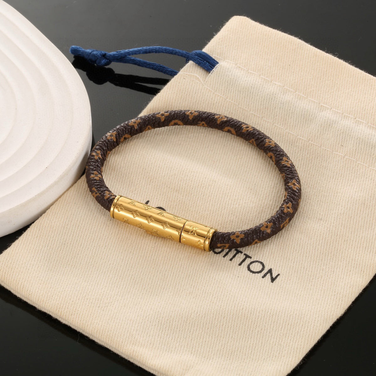 Geometric Emblem Leather-Detail Bracelet – Leather Detail – Design 011 main product view