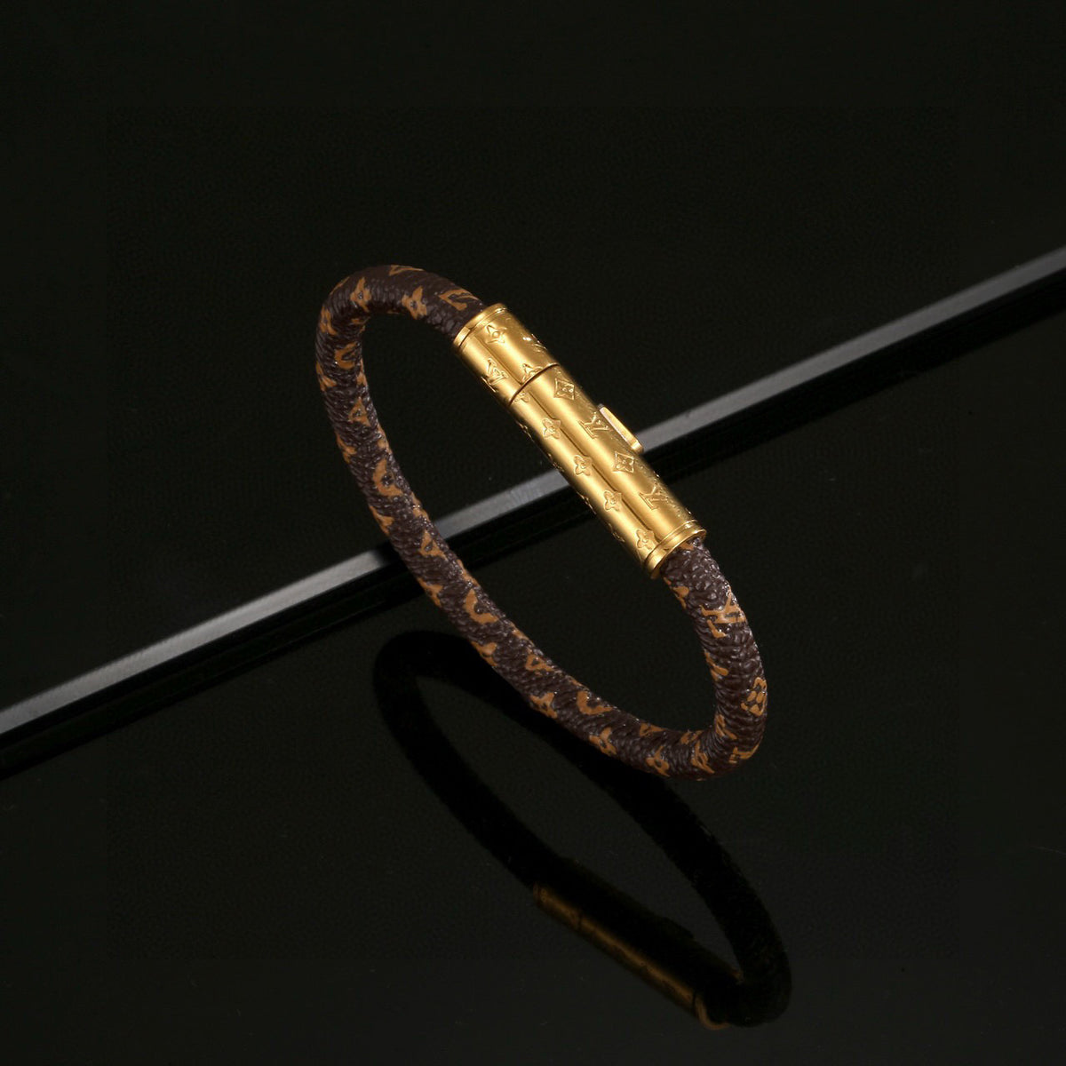 Geometric Emblem Leather-Detail Bracelet – Leather Detail – Design 011 front product view
