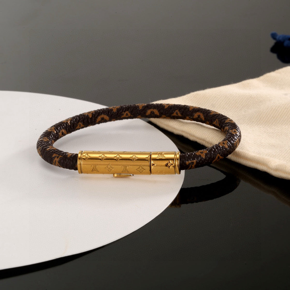 Geometric Emblem Leather-Detail Bracelet – Leather Detail – Design 011 front product view
