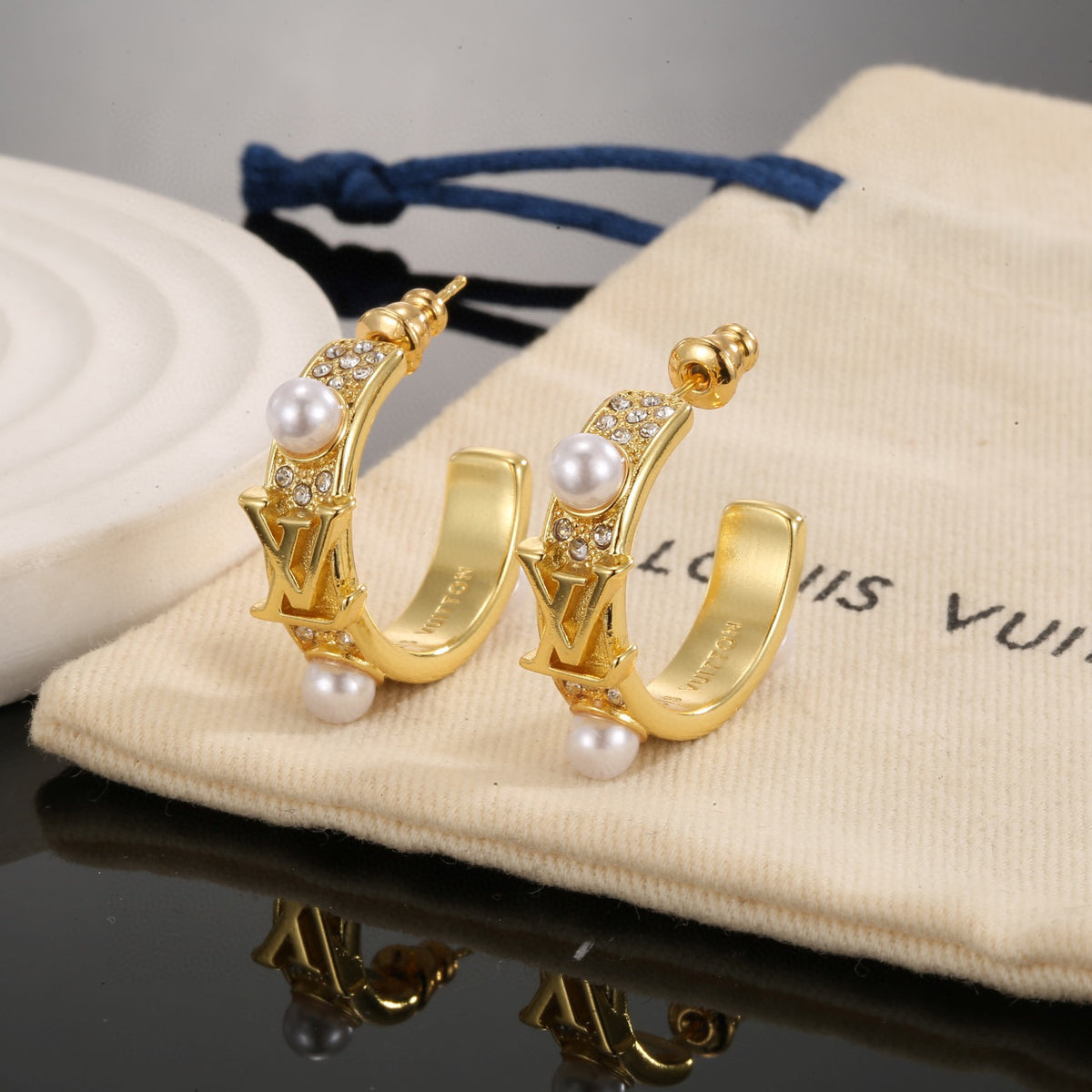 Letter Emblem Stud Earrings in Polished Metal-Tone – Design 039 front product view