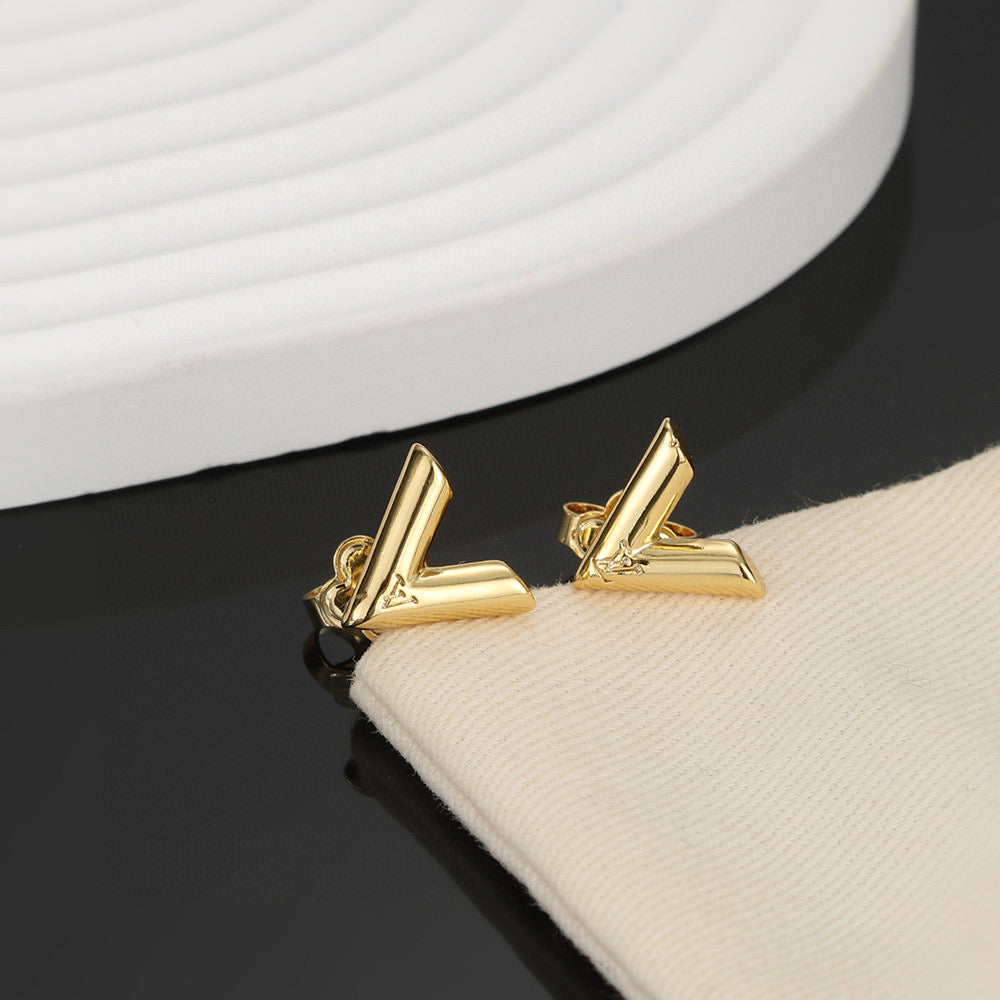 Letter Emblem Stud Earrings in Gold-Tone – Design 009 styled product view
