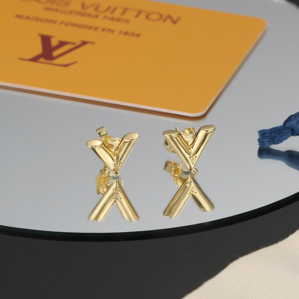 Letter Emblem Stud Earrings in Gold-Tone – Design 009 detail view