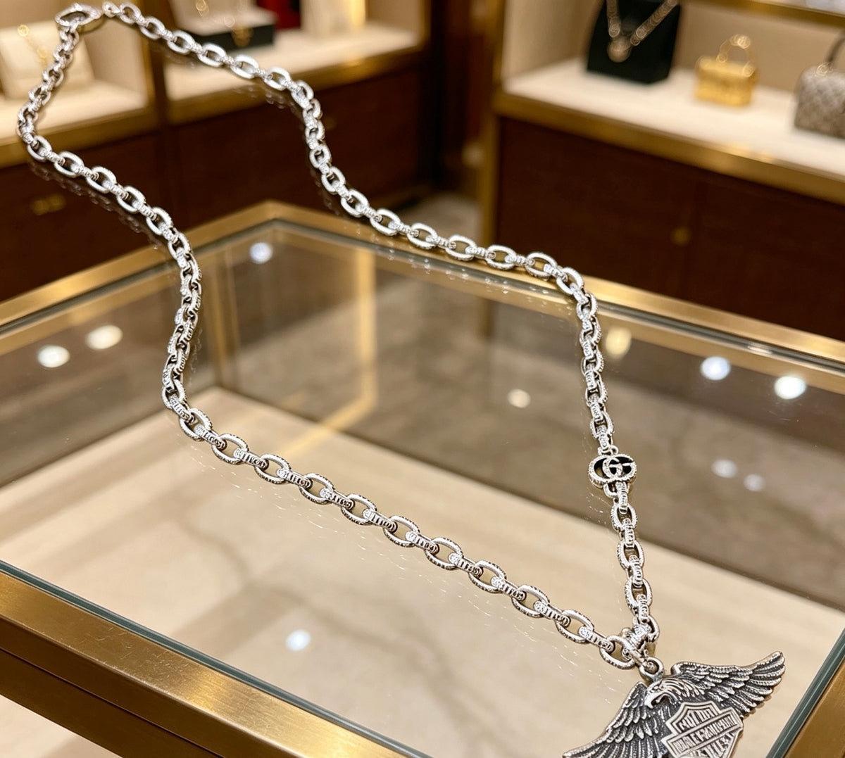 Double-G Emblem Pendant Necklace in Silver-Tone – Vintage Detail – Design 042 front product view