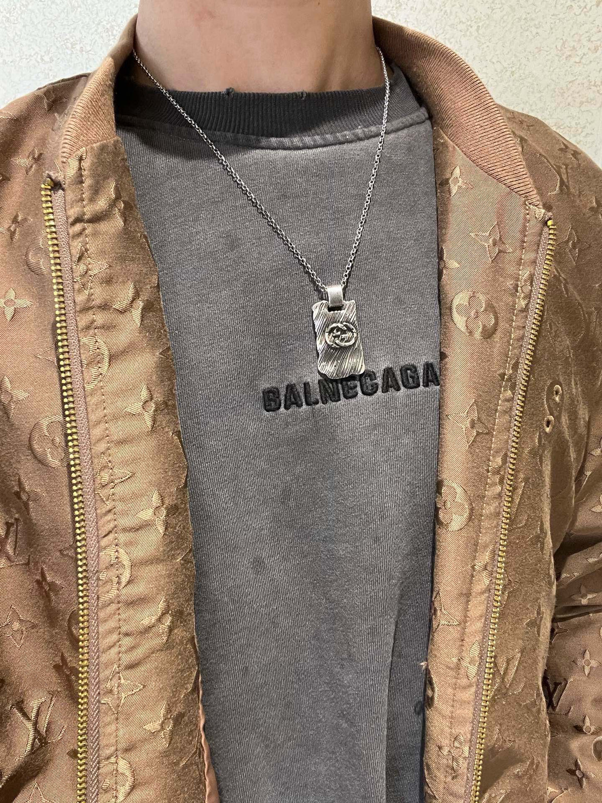 Double-G Emblem Pendant Necklace in Polished Metal-Tone – Design 143 styled product view