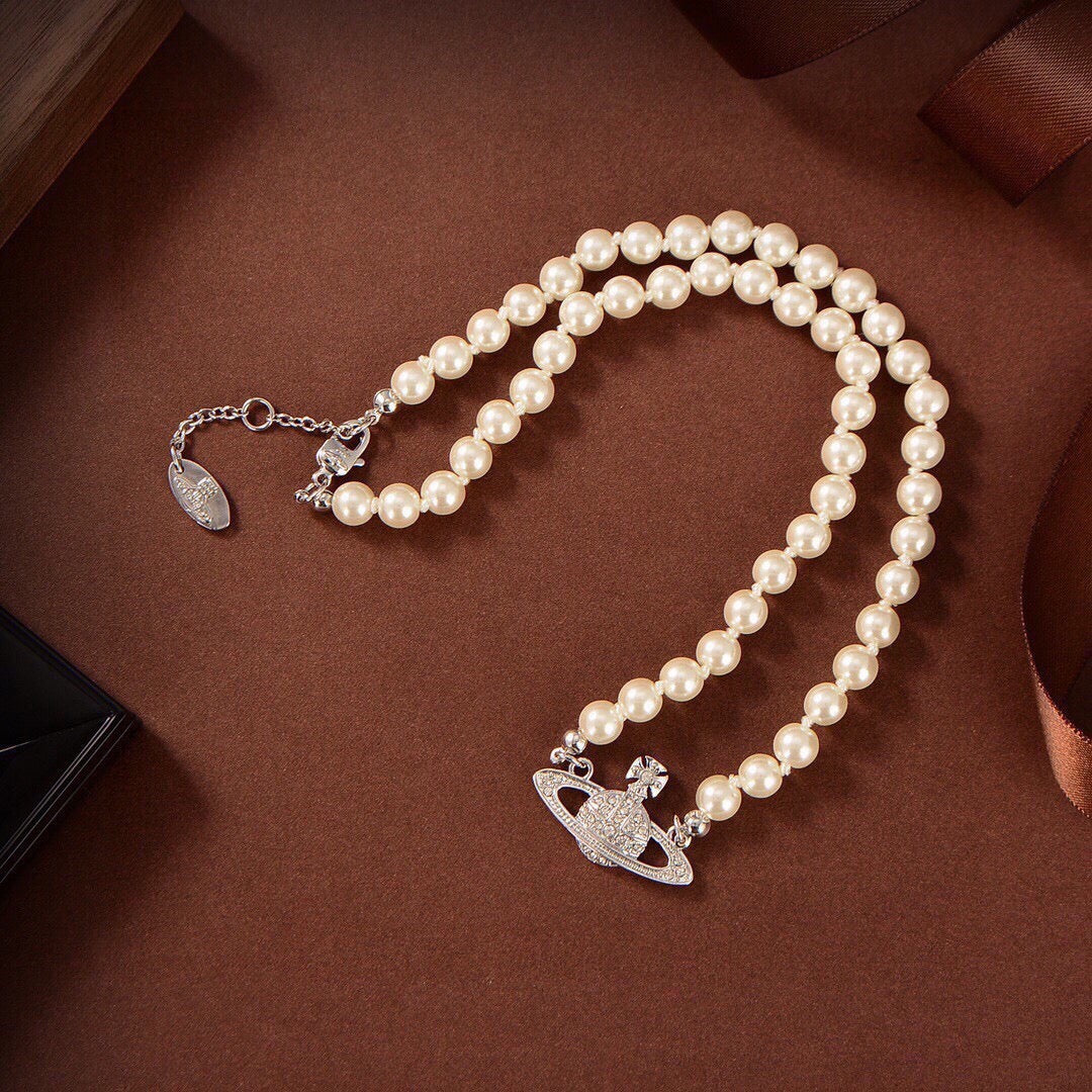 Orb Pendant Necklace in Polished Metal-Tone – Pearl Detail – Design 022 main product view