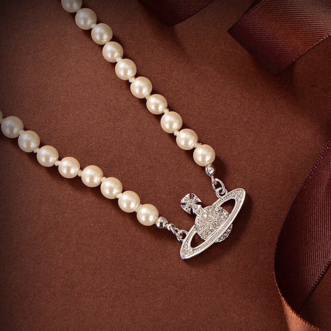 Orb Pendant Necklace in Polished Metal-Tone – Pearl Detail – Design 022 styled product view