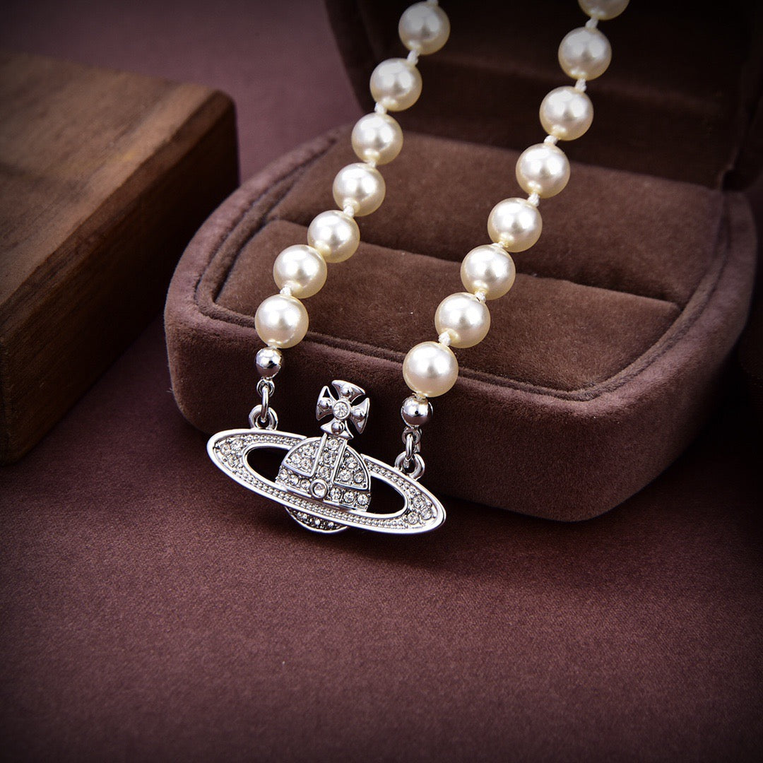 Orb Pendant Necklace in Polished Metal-Tone – Pearl Detail – Design 024 front product view
