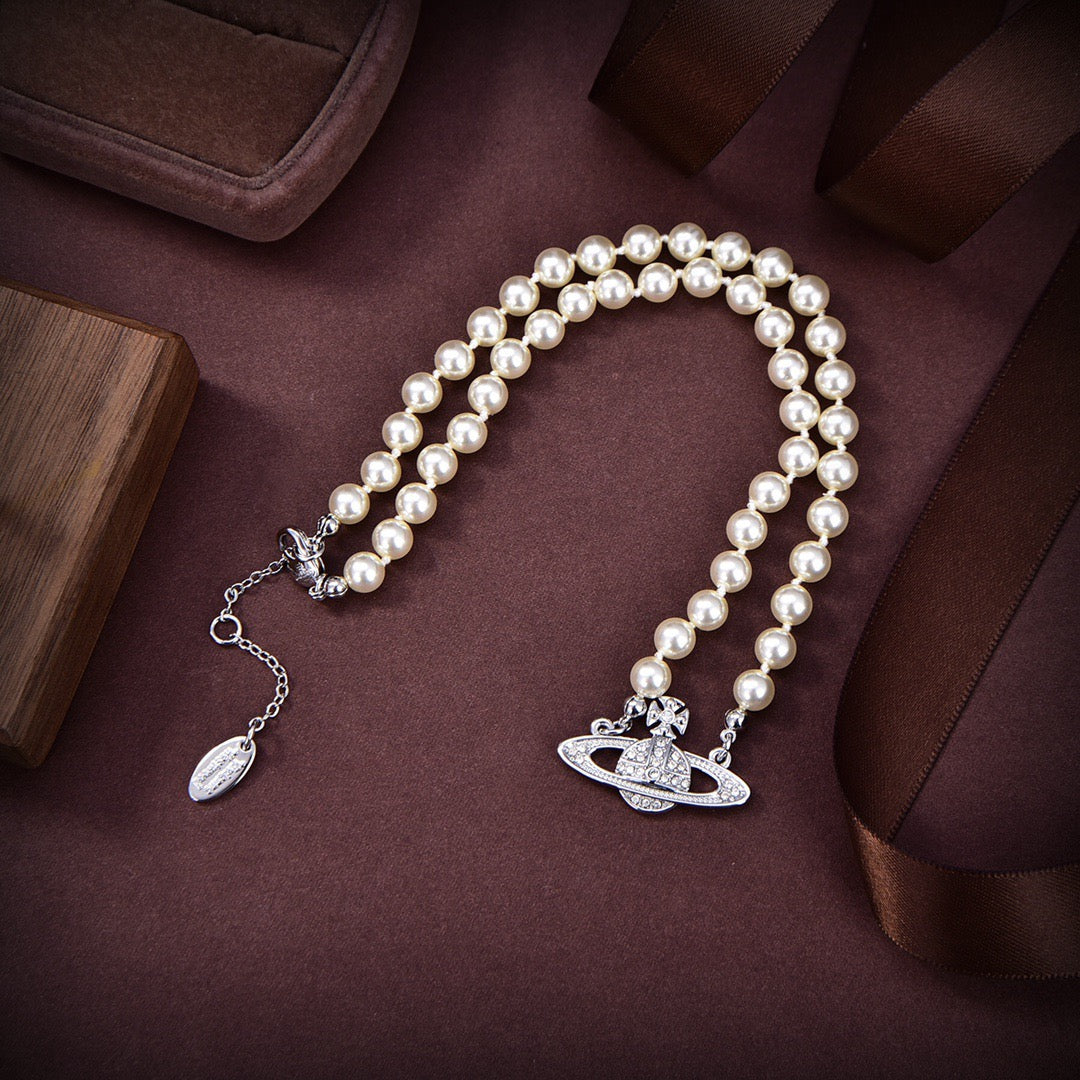 Orb Pendant Necklace in Polished Metal-Tone – Pearl Detail – Design 024 main product view