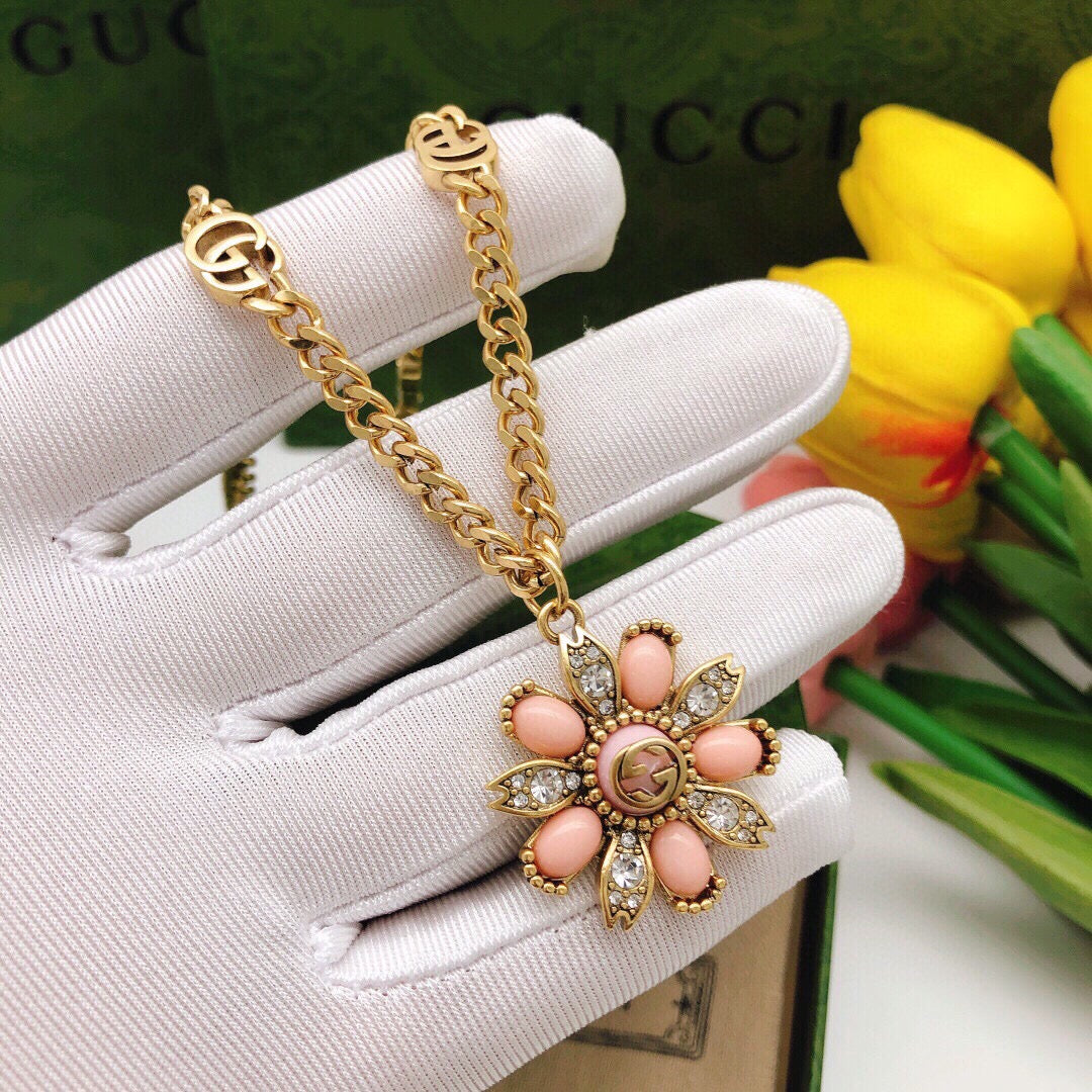 Floral Pendant Necklace in Polished Metal-Tone – Design 009 detail view