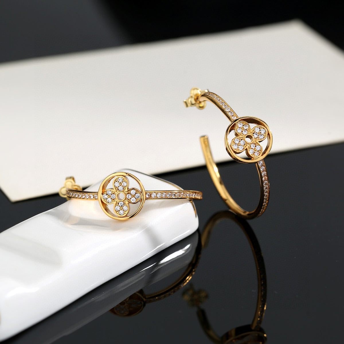 Letter Emblem Stud Earrings in Polished Metal-Tone – Design 051 front product view